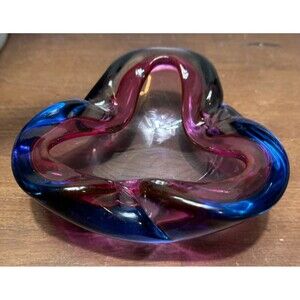 Vtg Murano Blue Magenta Art Glass Ashtray Bowl